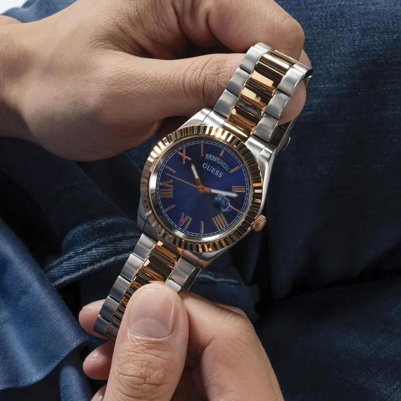 Guess Connoisseur Day-Date Blue Dial Two-tone Men's Watch- GW0265G12